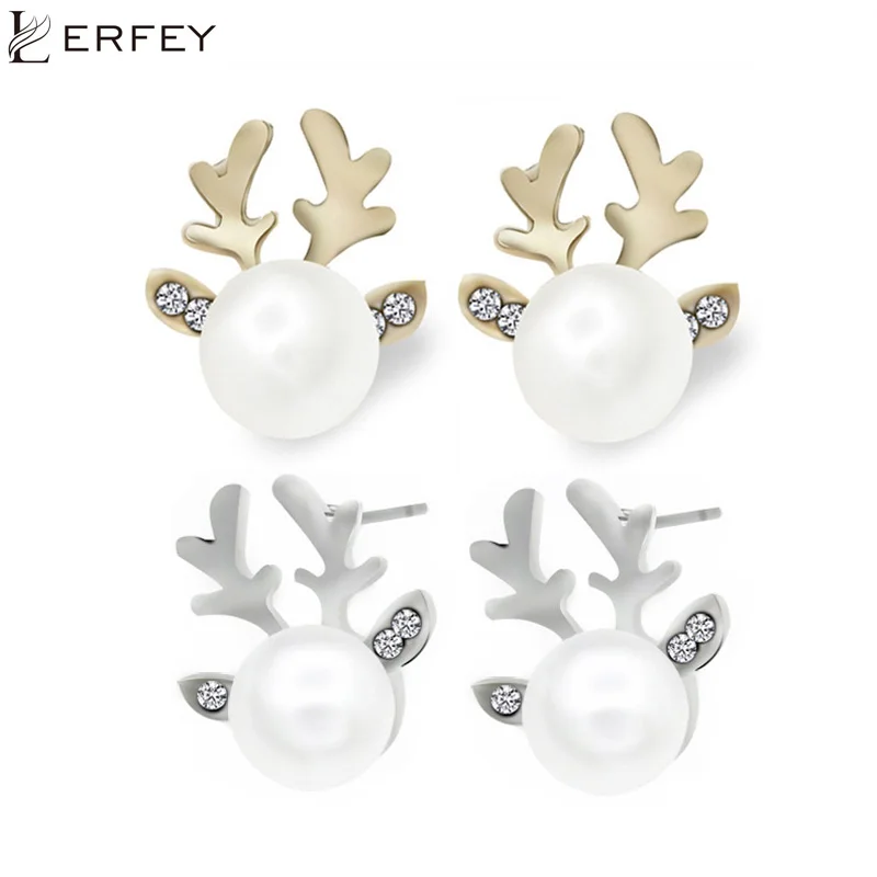 

LERFEY 1 Pairs Earring Women Elegant Xmas Christmas Pearl Deer Earrings Ear Stud Girls' Lovely Jewelry Gift