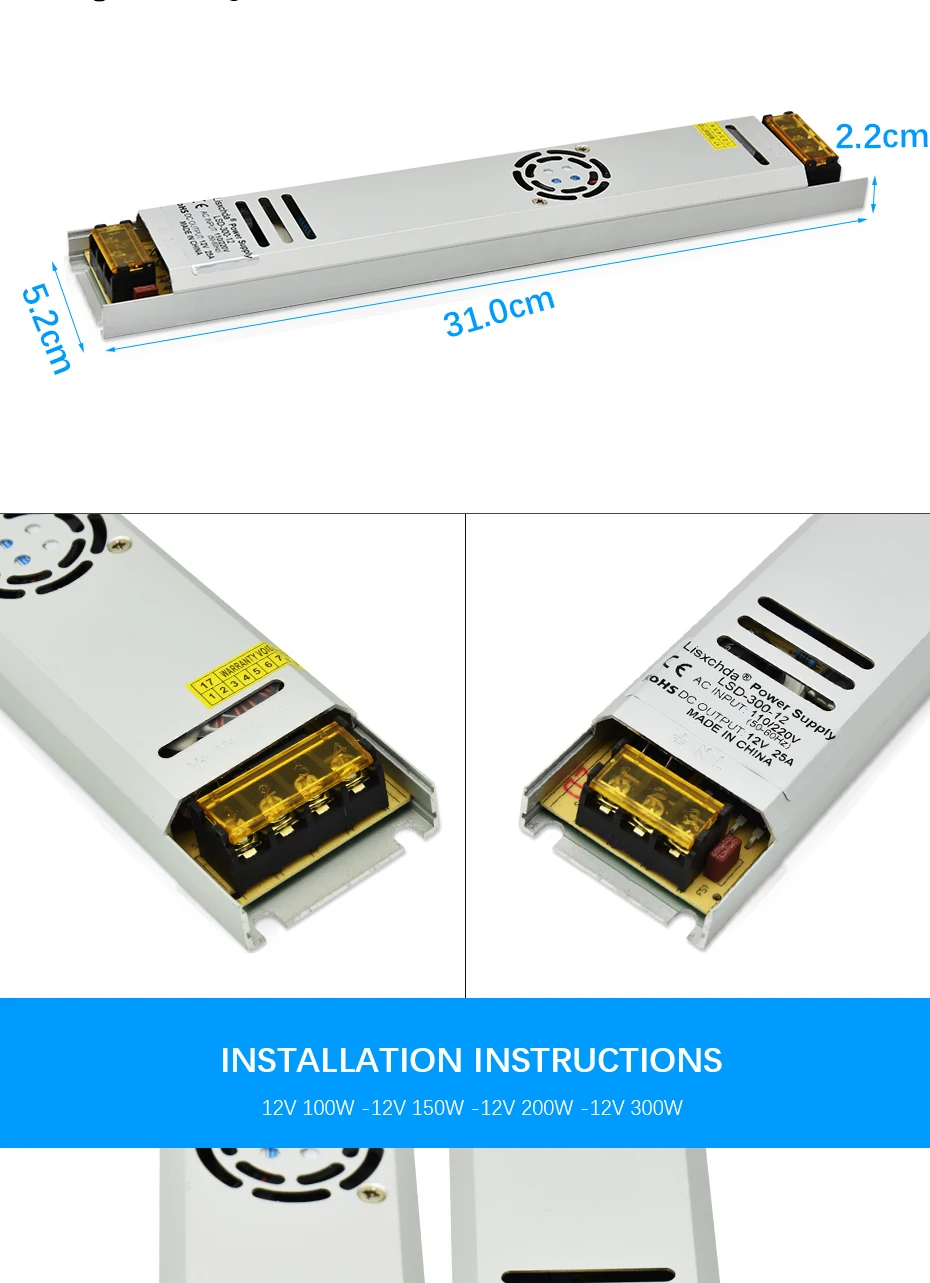 AC110-240V DC12V100W 150W 200W300W трансформатор для освещения светодиодный сверхтонкий адаптер питания для светодиодной ленты