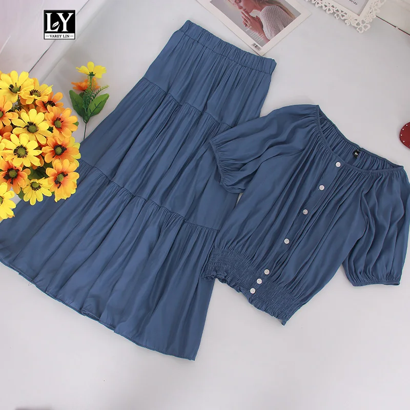 

Ly Varey Lin Women Summer 2 Piece Set Slash Neck Button Decorate Short Tops And High Waist Mid-calf Skirts Female Suit Set