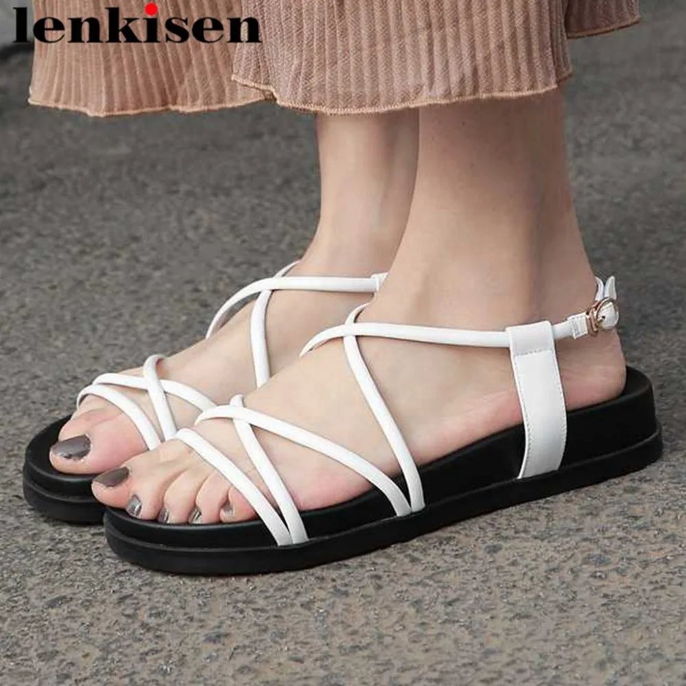 

Lenkisen fashion concise real cow leahter low bottom flat platform peep toe gladiator shoes buckle strap travelling sandals L00