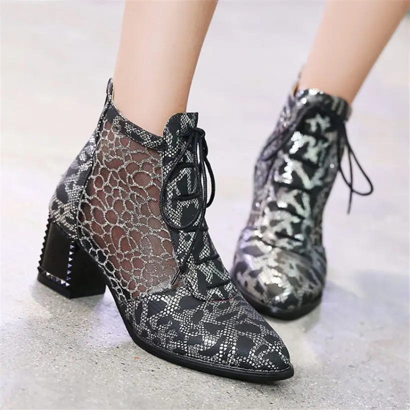 

NAYIDUYUN 2019 Women Party Breathable Lace High Heel Round Toe Ankle Boots Casual Shoes Lace Up Wedding Pumps Summer Sandals