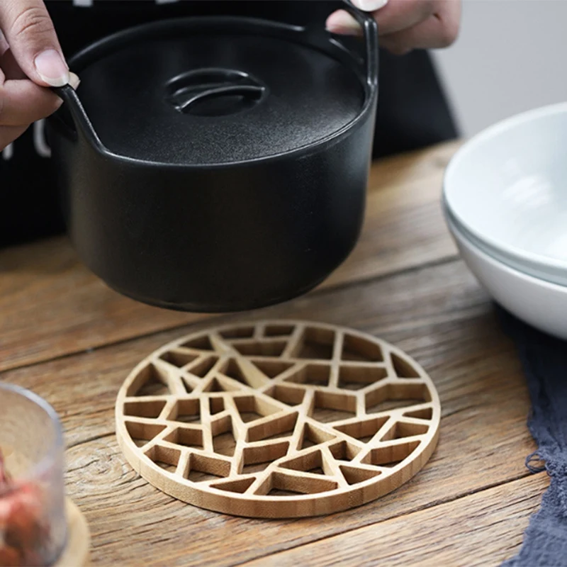 CSS настольная подстилка, деревенский бамбуковый полый круглый коврик для чайной чашки с горячей изоляцией, винтажный художественный кухонный аксессуар