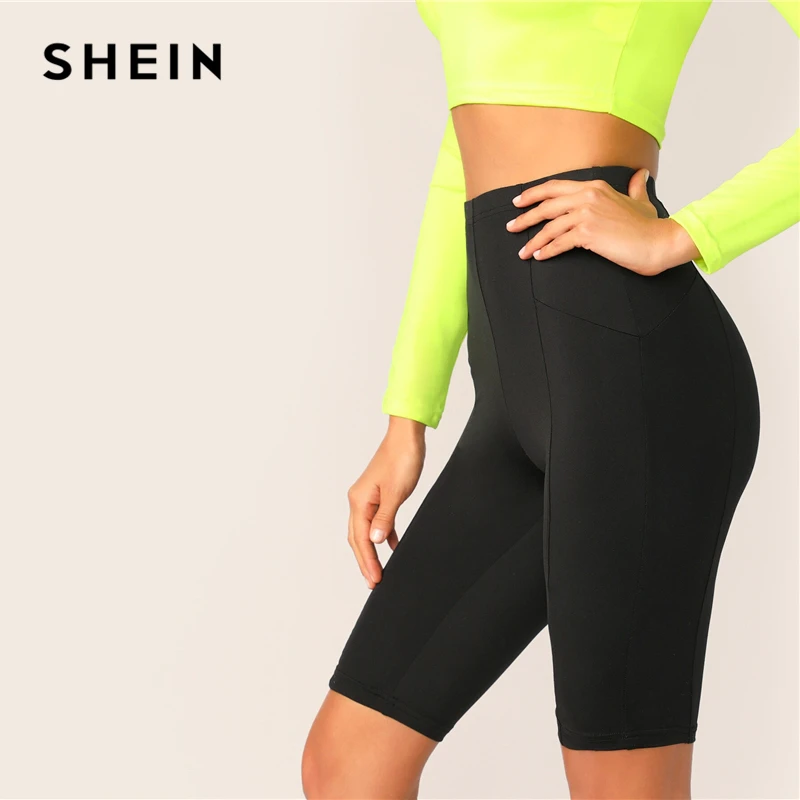 SHEIN черные однотонные леггинсы с высокой талией для велоспорта и отдыха, короткие леггинсы для фитнеса, женские летние базовые леггинсы для тренировок