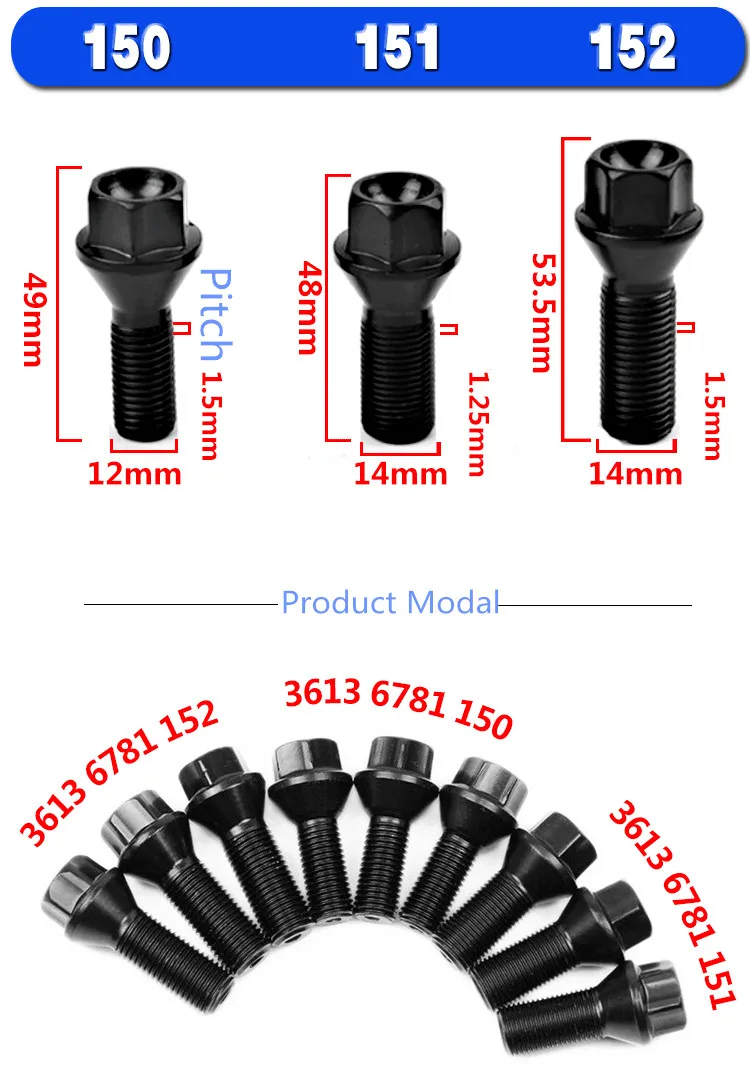 Болты из углеродистой стали, высокопрочные болты для автомобильных колес BMW, легкие болты M14 M12, шаг 1,25 мм/1,5 мм, колесные винты черного цвета