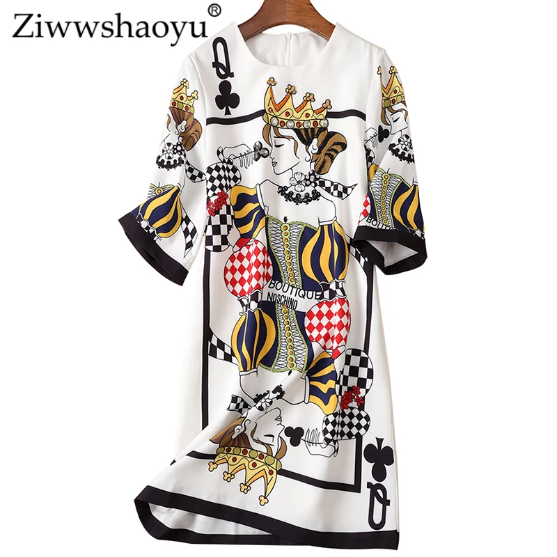 

Ziwwshaoyu Elegant Beading Loose dresses O-Neck Diamonds Cartoon temperament Slim dress Spring and summer runway new women's