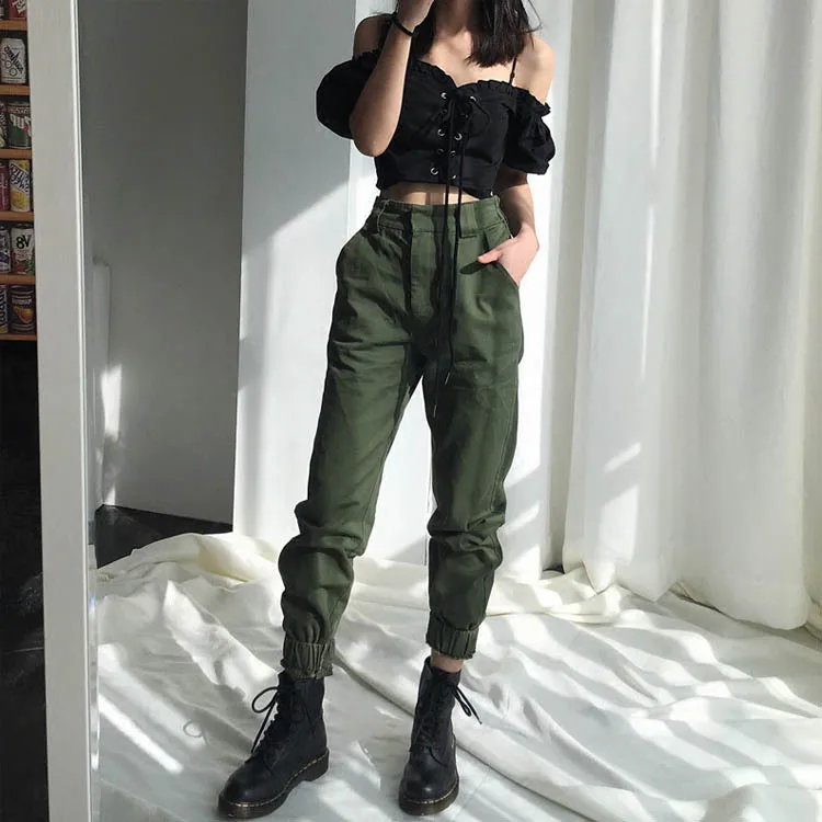 

High Waist Pants Loose Casual Ladies Overalls Street Punk Black Cargo Pants Women Capris Trousers