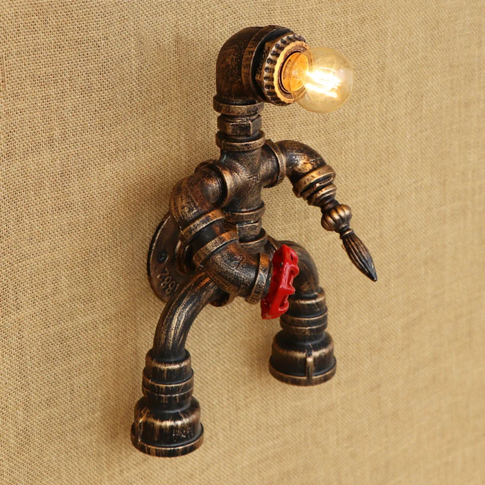Robot Style Rustic Iron Water Pipe Wall Lamp E27 Sconce Lights Lighting Fixtures 