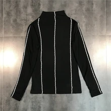 Корейская Tumblr Kpop осень и зима новая женская футболка вертикальные полосы ручной работы ногти блестящие эластичные женские