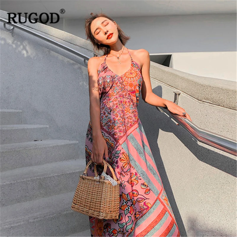 

RUGOD 2019 New Arrival Women Sexy Floral Bohemian Dress Spaghetti Strap Sleeveless Tunic A-line Holiday Dress Backless Stylish