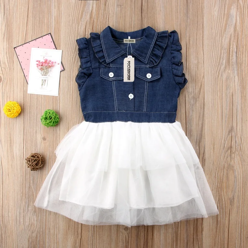 Princess Toddler Kid Baby Girl Summer Denim Tulle Tutu Party Dress 2 7Y Baby Girl Cute Pink