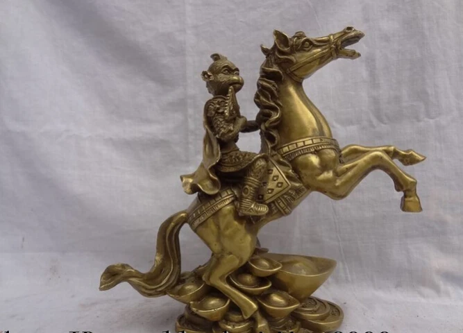 

S3561 10" Chinese Zodiac Pure Brass Wealth YuanBao Monkey SunWuKong Ride Horse Statue D0318