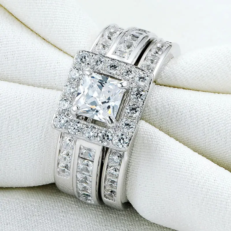 Newshe Princess Cut CZ, 3 шт., Твердое Серебро 925 пробы, обручальное кольцо, набор, модные украшения для женщин, размер 5, 6, 7, 8, 9, 10