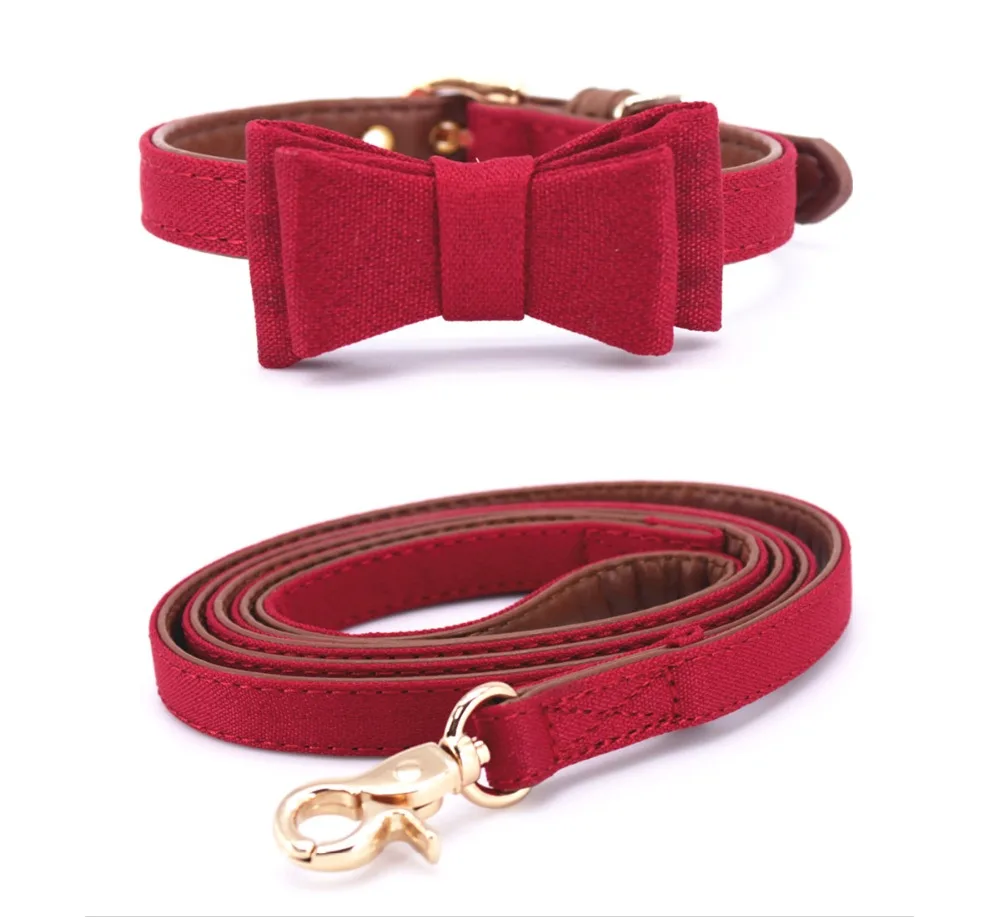 

Lovely Linen and Leather Cat Collar Dog Collar for All Cats and Small Medium Dogs 3 Colors Available With Bowknot Pet Collar