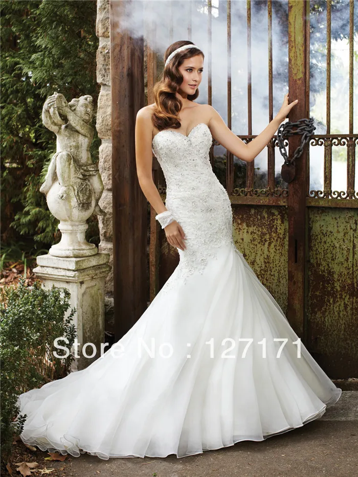 Free Shipping 2014 New Arrival Mermaid Sweetheart Crystal Beaded On Tulle Wedding Dresses Fish Tail Gown |