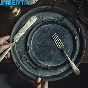 

JINSERTA Metal Serving Tray Retro Plate with Handle Handcrafted Round Wrought Vintage Storage Bread Tray Home Decor Restaurant