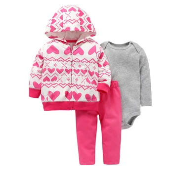 

long sleeve love heart hooded coat+gray bodysuit+pants pink 2019 baby girl outfit newborn boy clothes set infant clothing suit
