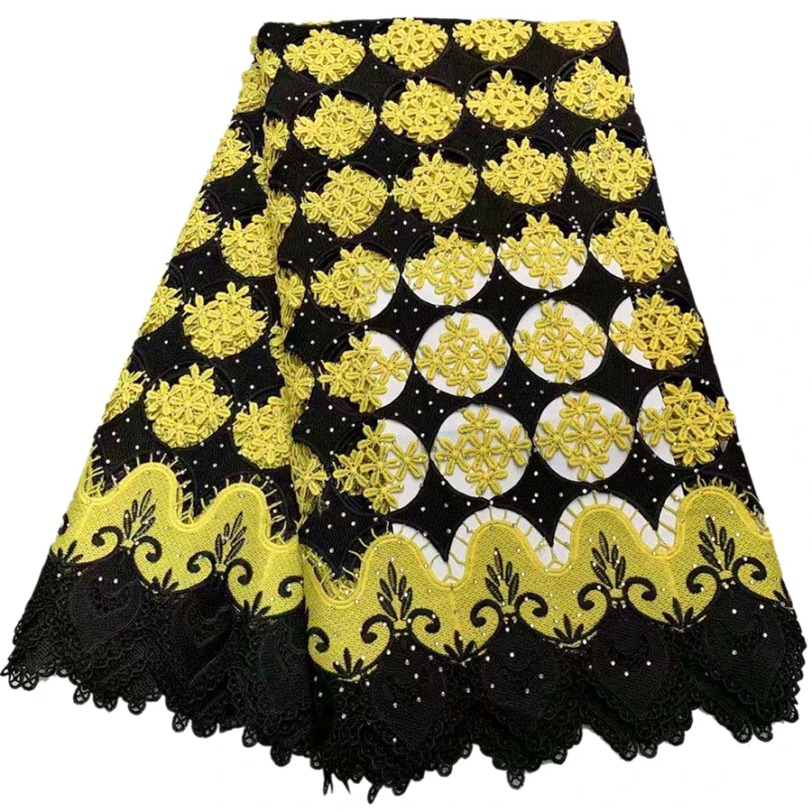 

2018 Yellow+Black african water soluble embroidery french guipure lace fabric High Quality with stones for wedding dress