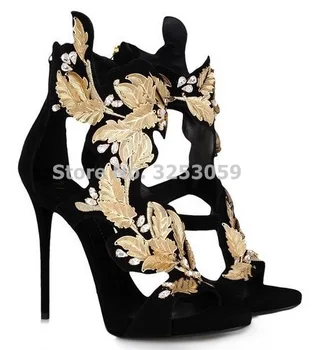 

ALMUDENA Bling Bling Black Red Suede Gold Leaf Embellished Dress Sandals Stiletto Heels Crystal Wedding Shoes Hollow Out Pumps