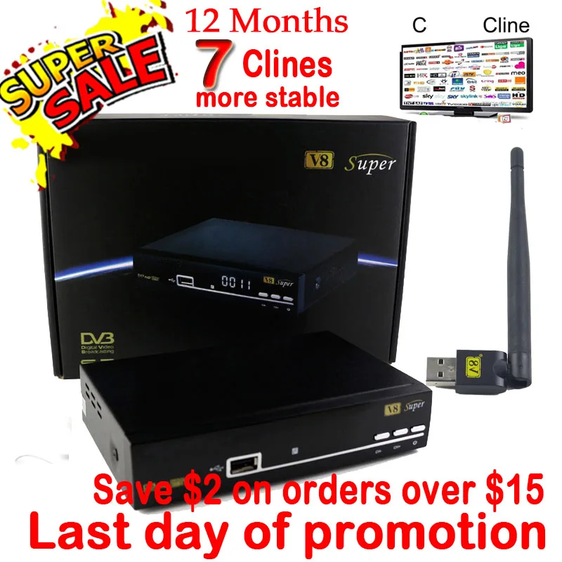 

1 Year cliens Europe V8 Super+1pc v8 USB WiFi DVB-S2 Support PowerVu Satellite Receiver HD Full 1080P 7 Clines C-Server