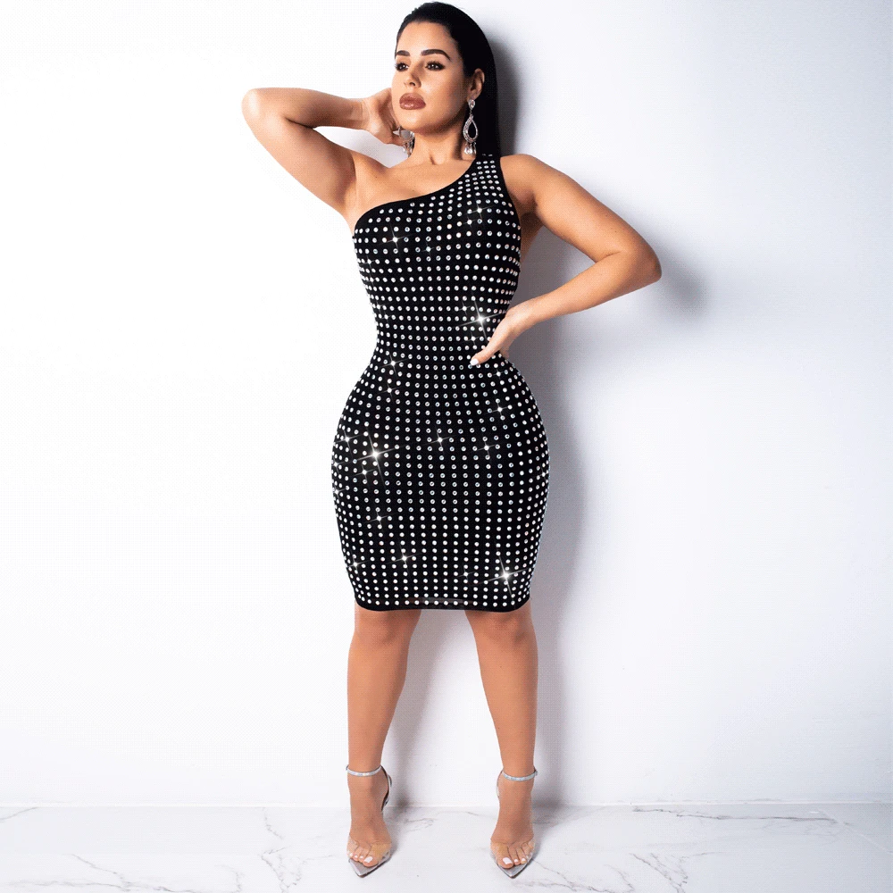 

Women Bodycon Dress One Shoulder Backless Sexy Glisten Diamonds Irregular Nightclub Party Evening Clubwear Tight Robes Tunics