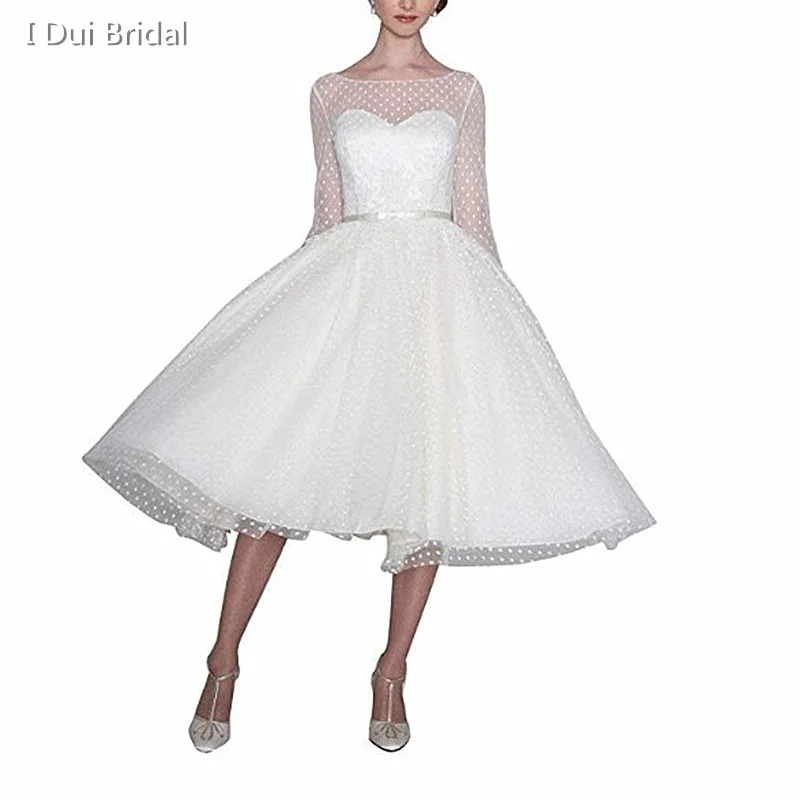

Tea Length Long Sleeve Wedding Dress with Dot Tulle Layer Illusion Neckline Little White Bridal Gown