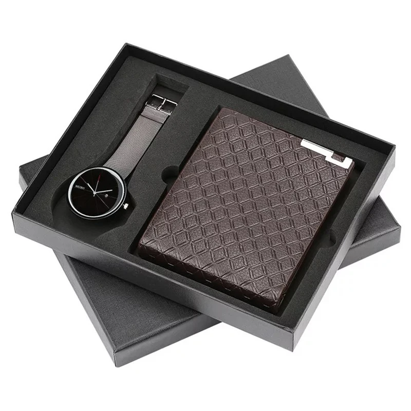 

New Men Watches Mesh Band Quartz Wrist Watch with Leather Wallet Gift Set for Men's Boyfriend Dad Father's Day Gifts