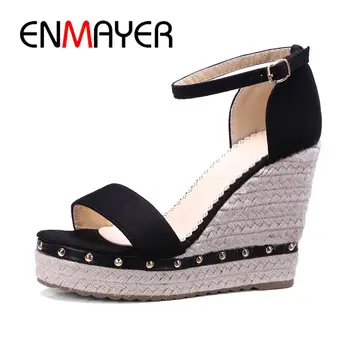 

ENMAYER New Arrival Flock Gladiator Women Sandals Super High Wedges Shoes for Women Solid Women's Shoes Size 34-43 LY1497