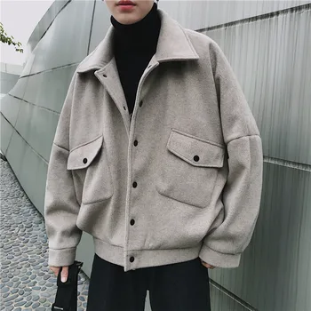 

2018 Autumn And Winter Men's Fashion Simple Pocket Decoration Woolen Blends Lapel Overcoat Solid Color Loose Casual Coats M-2XL