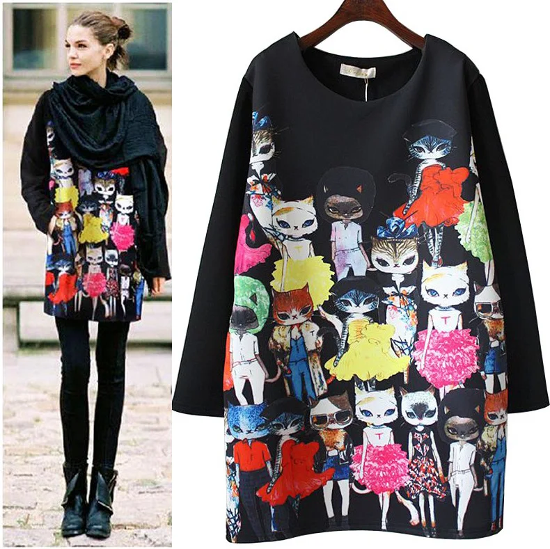 

XUXI Women 2019 Summer Clothes For Autumn Slim Ropa Mujer Cartoon Cat Printing Mini Dress Ladies Dresses Plus Size M-4XL FZ358