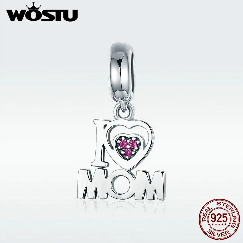 

WOSTU Authentic 925 Sterling Silver i Love Mom Letter Pendant Charms fit original WST Bracelets Jewelry Mother Gift DXC420