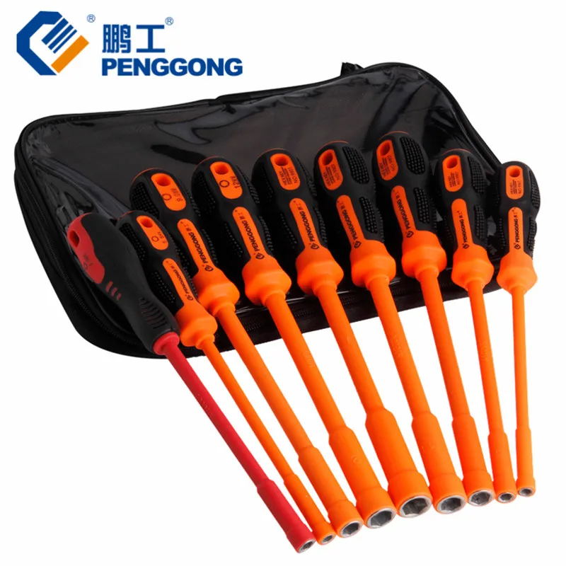

PENGGONG 1000V Hex Insulated Screwdriver Set High Voltage Socket Screwdriver Professional Electrician Hand Tools 9pcs