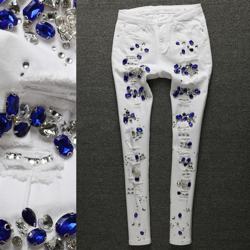 

2023 fashion Rhinestones Jeans Women Cotton Denim Skinny Jeans White Pencil Pants stretch girl jeans