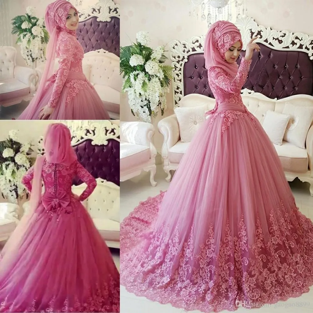 Arabic Muslim Wedding Dress 2016 Turkish Gelinlik Lace Applique Ball Gown Islamic Bridal Dresses Hijab Long Sleeve Wedding Gowns