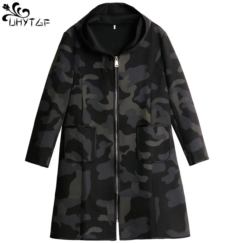 

UHYTGF 2019 Fashion Women Trench Coat Long Camouflage trench coat Classic Lady Clothing Plus size Autumn Outerwear Quality X174