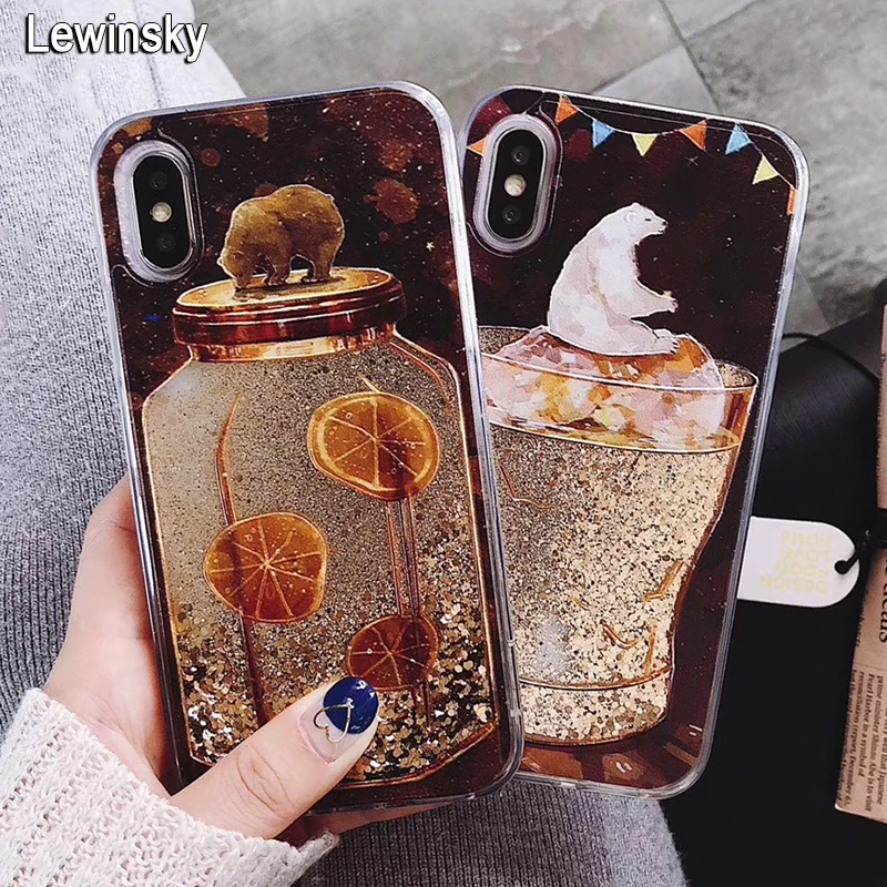 6 S For iPhone 6 6S 7 8 Plus X Cases Simple Retro Original Ecology Bear Soft PC Clear Bottle Dynamic Liquid Quicksand Phone Case