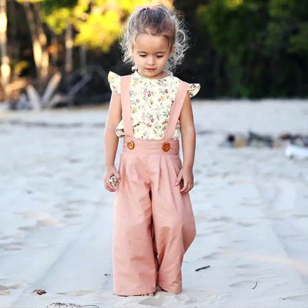 

Toddler Baby Girls Flare Sleeve Floral Tops+Solid Button Pants Clothes Fashion Casual Outfits 2Pcs Summer