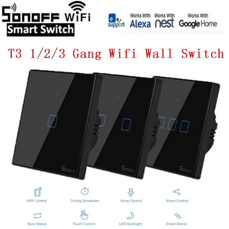 Интеллектуальный выключатель света SONOFF T3EU US UK TX Smart Wi-Fi настенный сенсорный выключатель с границы умный дом 1/2/3 433 RF пульт дистанционного управления Управление работает с Amazon Alexa IFTTT