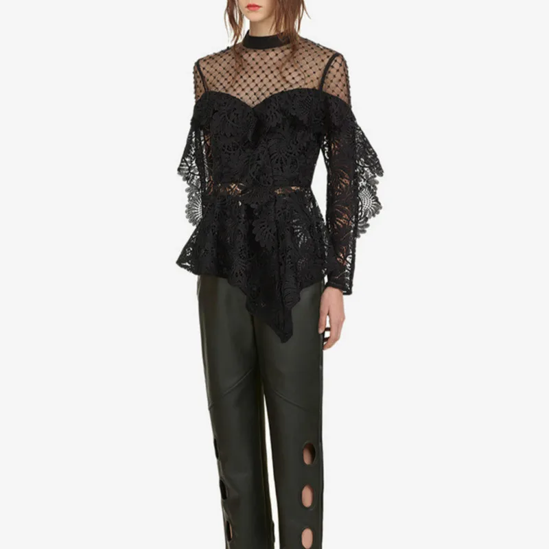 

New Women's Luxury Embroidery Lace Self Portrait Blouse Lace 2018 Designer Sexy Hollow Out Mesh Female Ruffle Shirt High End Top