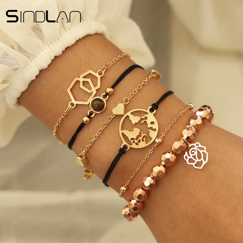 

Sindlan 6PCs Hollow Rose Champagne Bead Bracelet for Women Heart Map Geometric Charm Bracelets Set European Gold Chain Jewelry