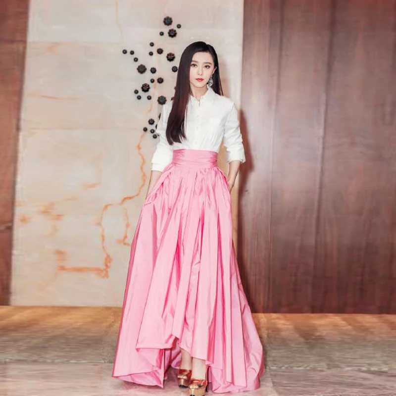 

High End High Low Taffeta Skirts With Pockets Handmade Floor Length Gorgeous Pink Long Maix Skirts For Pretty Lady To Party