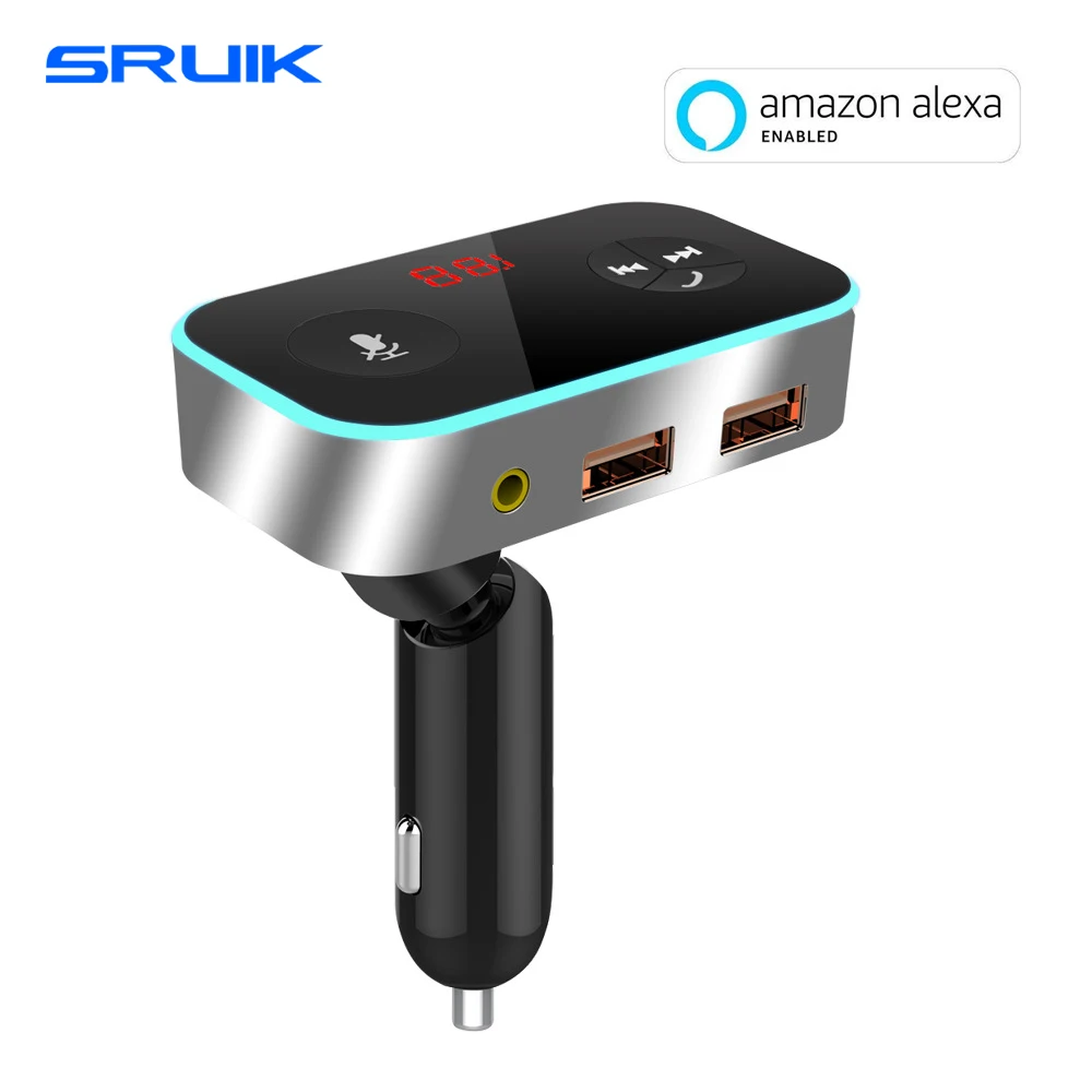

SRUIK Bluetooth Transmitter Car Alexa-Enabled 2-Port USB Car Charger for In-Car Navigation Hands-Free Calling Music Streaming