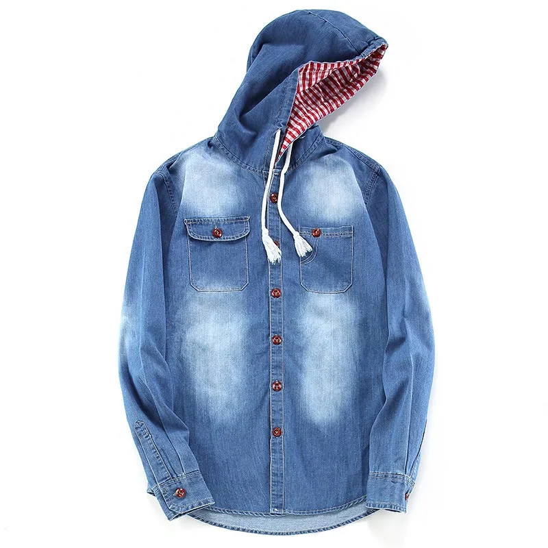 

Mcikkny Men's Fashion Denim Hooded Shirts With Multi pockets Long Sleeves Jeans Shirts Spring Autumn Male Outwear Clothing
