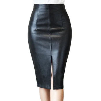 

2019 Black Women PU Leather Midi Skirt Spring Ladies High Waist Package Hip Front Slit Female Pencil Skirt Plus Size S-2XL