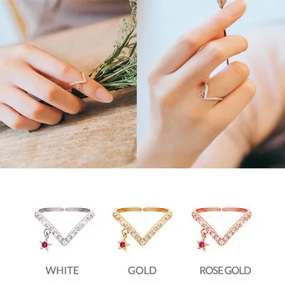 letter V line cz open ring fadeless alloy fashion jewelry rings Valentine
