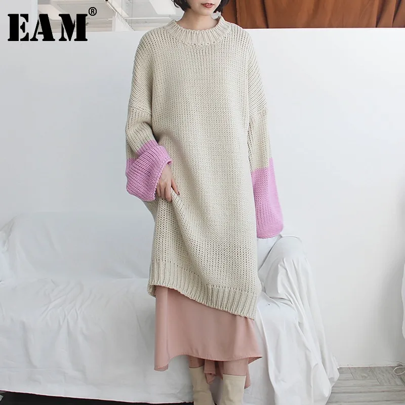 

[EAM] 2019 New Autumn Winter Full Sleeve Turtleneck Collar Pullover Loose Patchwork Women Fashion Tide Long Puffover OA820