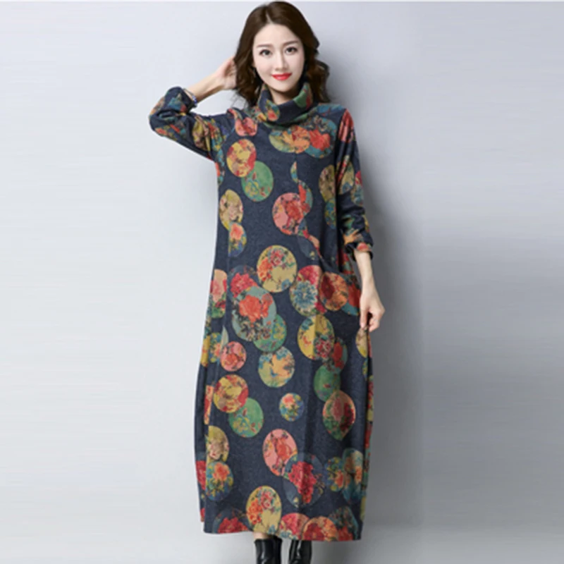 

New Women Autumn Winter Cotton Linen Vintage Long Dress Chinese Style Female Turtleneck Long Sleeve Printed Loose Dresses F646