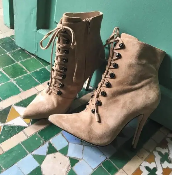 

new fashion celebrity runway ankle boots pointed toe studded short boots 2017 high quality suede lace-up high heel boots