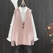 Весна-осень, стиль, v-образный вырез, Однотонный свитер, жилет, женский свободный, водолазка, подол, бахрома, топ, 15209