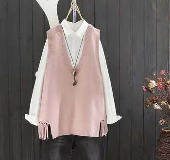 

Spring Autumn New Style V-neck Solid Color Sweater Vest Vest Women Loose Turtleneck Hem Fringe Canvas Top 15209