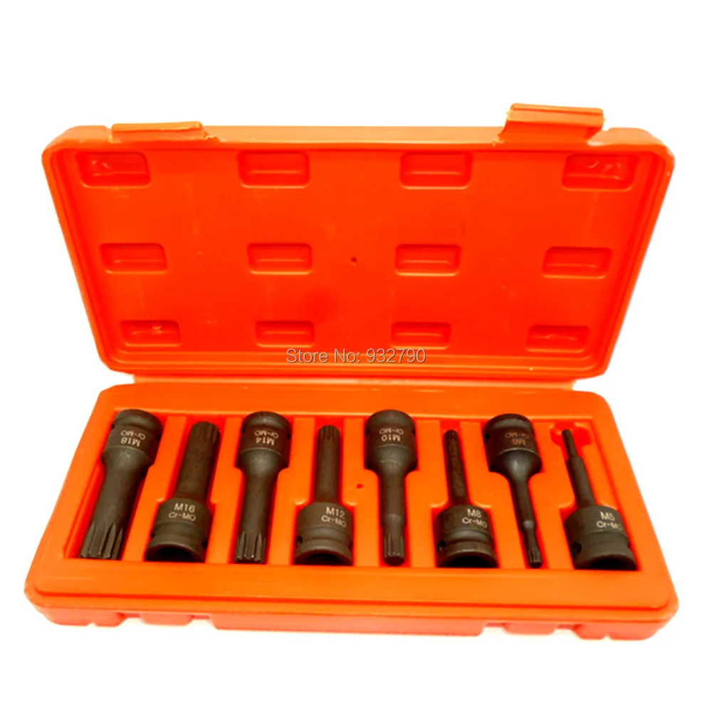 8pc 1//2/" Drive Long Spline Impact Bit Socket Impact XZN Spline Socket Set